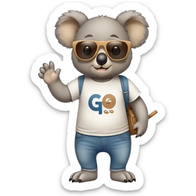 anthropomorphised koala wearing a 'Go' t-shirt and jeans with dark sunglasses walking upright sticker