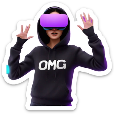 Russian girl wearing black hoody with violet letters "OMG", in vr headset oculus quest2. jumping. Cyberpunk style. Violet neon. sticker