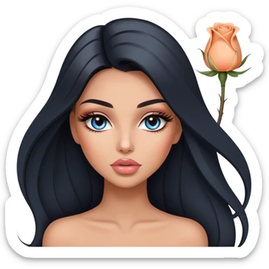 Glamours, tanned, very beautiful girl, with big pump peach-beige-rose lips, long long lashes, black straight smooth silky long hair, straight parting hair, blue-grey eyes sticker