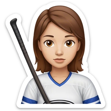 Chica con pelo marrón con un palo de hockey sticker