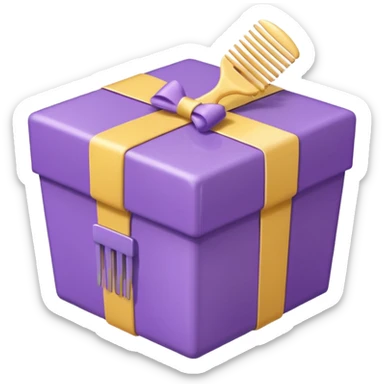 Kawaii emoji illustration of a purple gift box with a comb inside, chubby proportions, glossy finish, pastel colors, soft shading, adorable style, simple and clean design, transparent background sticker