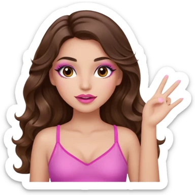 girl with long wavy brown hair, brown eyes, long lashes makeup, sexy pink lips, light to medium complexion, wearing a pink sexy top, one hand in the air high sticker