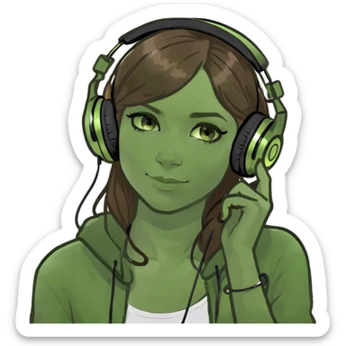 Girl with brown hair green eyes with headphones jamming to music  sticker