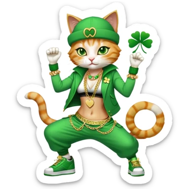 female cat dressed in hip-hop Run DMC style with green outfit, shamrock accessories, gold chains, bling, St. Patrick's Day, break dancing sticker