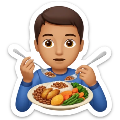 Create a person having lunch. Not a sandwich. Rice, beans, vegetables and chicken. sticker