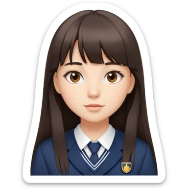 Attractive female student with long straight dark brown hair with bangs, beautiful school uniform, subtle makeup sticker