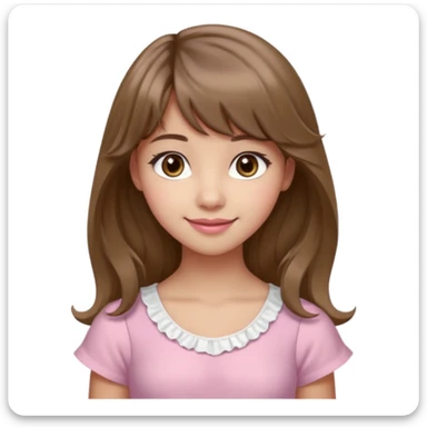 A teenage cute girl with very light olive skin and soft pinkish cheeks. Large bambie dark hazel eyes. Long wavy light brown hair with soft bangs. Features are very feminine and beautiful. medium straight nose with a soft tip. Medium natural pink lips. Wearing a simple dress in pink and white.  sticker