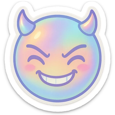 devil emoji, chibi style, holographic effect, iridescent pastel colors, small horns, mischievous grin, gentle highlights sticker