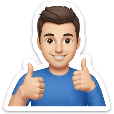 Brian Chesky as an apple-style emoji, smiling, giving a thumbs up, wearing blue shirt sticker