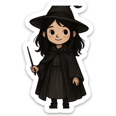 A cute witch with black hair and black eyes, Harry Potter style, full body. sticker