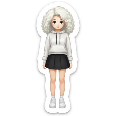 Female with slim hourglass figure, white big hair, wearing white sweatshirt, black skirt, and white shoes, full body pose sticker