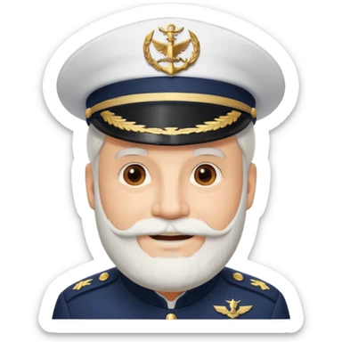 A light-skinned mid-aged man with brown eyes and white beard, smiling while wearing a white captain’s hat with a navy emblem. sticker