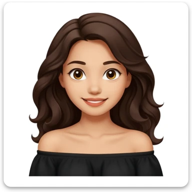 modern clean emoji of a young woman with medium skin tone, long wavy dark brown hair, wearing a black off-shoulder top, soft friendly smile, expressive eyes, warm and charming style, relaxed confident vibe, neutral light color or soft gradient background sticker