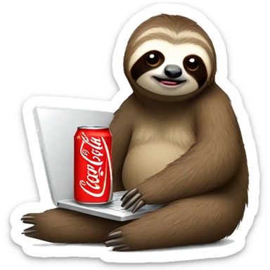 tired sloth with coca cola can and laptop sticker