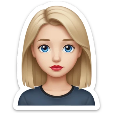 Emoji teenage girl, ash darker almost brown blonde hair, blue eyes, black shirt, hair a little longer than over shoulders, red pinkish lips, blue grey eyes sticker