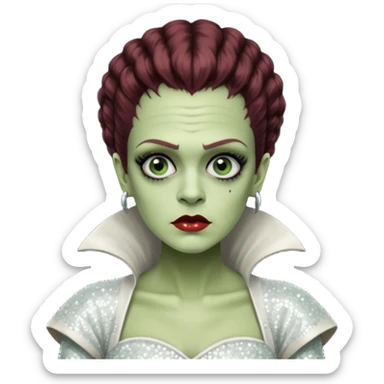Bride of Frankenstein from Universal Monsters with pale greenish skin, dark auburn hair, white sequin outfit sticker