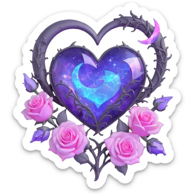 gothic heart made of opal glass, silver crescent moon, glowing lavender roses, holographic stardust, neon pink lightning, drenched and splintered glass sticker