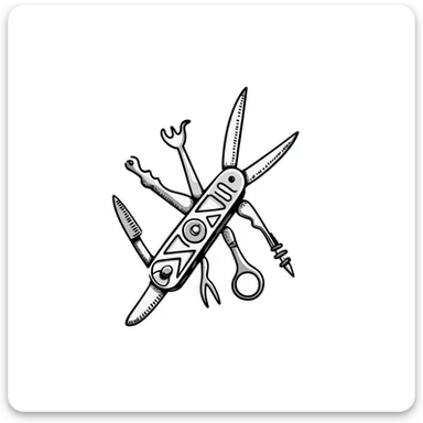 a multitool, like a pocket-knife with multiple tools, hand-drawn doodle style, detailed and sketchy sticker