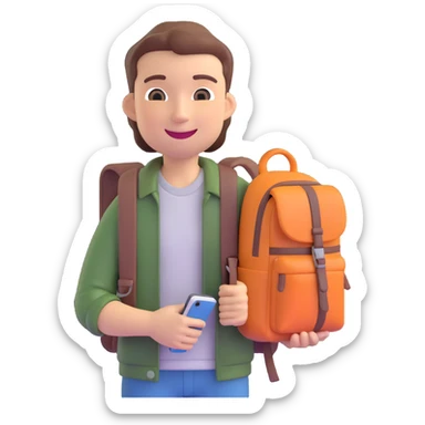 memoji of a college student, smiling, casual clothes, holding a backpack, friendly expression sticker