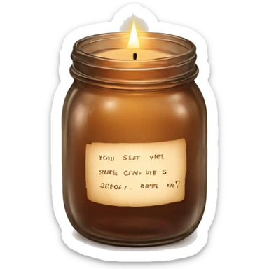 Brown glass mason jar with writing on a label and a candle burning sticker