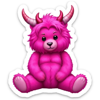 Realistic isolated big full length fluffy hot pink long fuzzy hair valentines Day stuffed Teddy Bear sitting up, is devil sticker