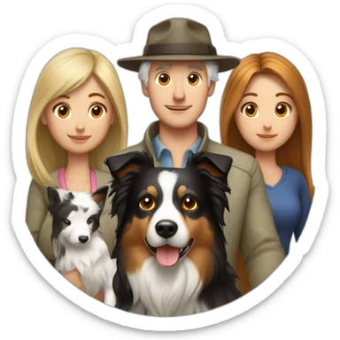 white family group consisting of man in hat and woman with long hair in ponytail and small border collie dog sticker