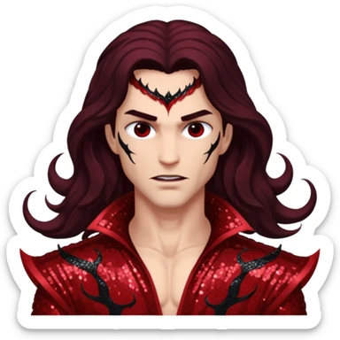 Samael, Venom of God from Gods and Goddesses with long dark brown hair, dark red sequin outfit sticker