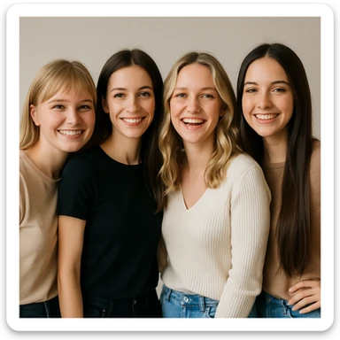 group of four female friends, 25 years old, waist up, from right to left: blonde with straight hair and cheeks, slim brunette, blonde with wavy hair, slim brunette with very long hair; casual clothing, neutral background, friendly atmosphere, happy expressions sticker