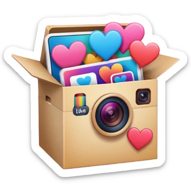 a box with an instagram logo on its face,  open with swipe files inside and hearts, likes  sticker