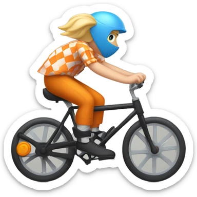 a boy with blond hair and blue eyes dressed in checkered shirt and black helmet on his head riding an orange fix bicycle sticker
