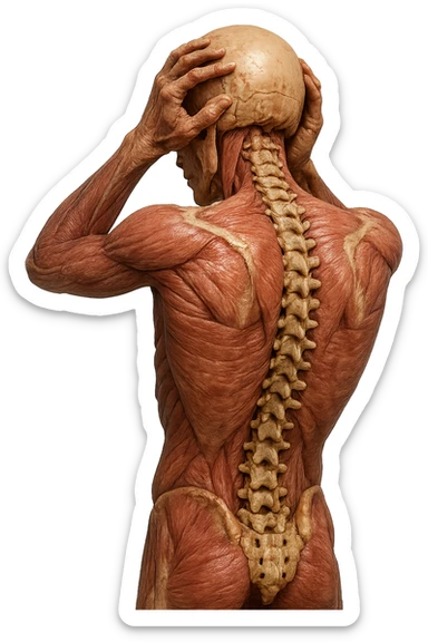 CORPO UMANO ANATOMICO con spina dorsale in evidenza, molto stanca e stressata mentre si tiene le mani sulla testa, IPERREALISTICO 4K sticker