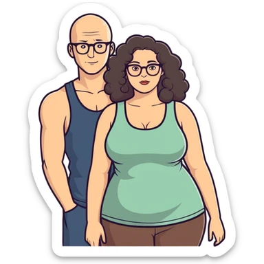 caucasian bald man with glasses and caucasian woman wearing no glasses, long curly dark hair and massive boobs and a tank top sticker