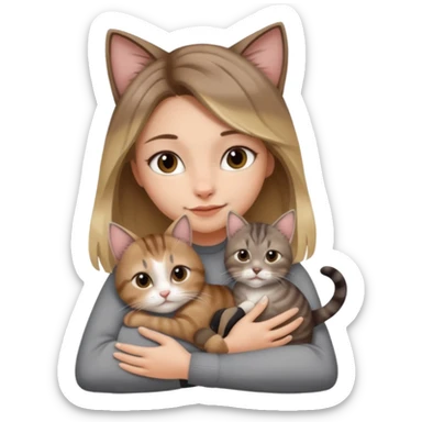 Une femme avec les cheveux dégradée, brun et blond, qui fait un câlin à son chat gris, tigré avec les extrémités que pattes pointe d’oreilles noires et le dessous du menton blanc la fille n’a pas d’oreilles, il n’y a qu’un seul chat sticker