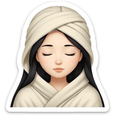 Beautiful Asian girl with long black hair wrapped in a blanket and eyes closed sticker