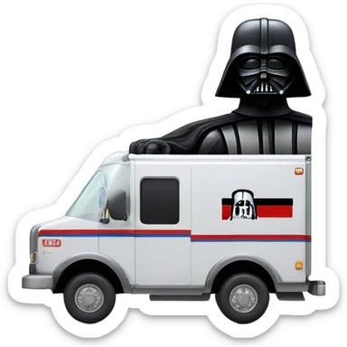Side view of 1976 very long mail delivery truck shaped like Darth Vader’s body  sticker