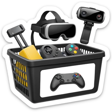 shopping basket with a gaming console, VR headset, and action camera emoji sticker
