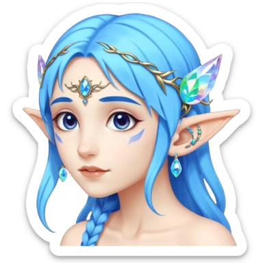 portrait of blue haired Elvish fae shiny sparkly iridescent translucent diaphanous ear climber ear cuff sticker