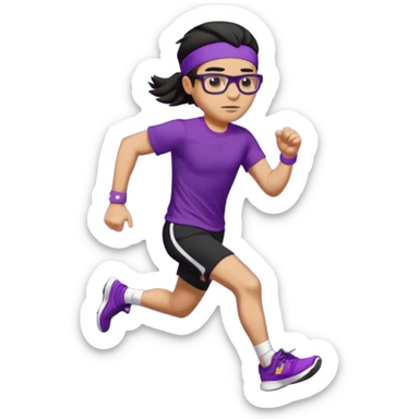 Running man in tight shorts and a purple t-shirt that says 'progressive run', with a headband, dark hair, running glasses, and stylish bright sneakers, emoji style, variation 3 sticker