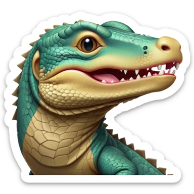 Cinematic Cute Yawning Komodo Dragon Lizard Portrait Emoji, Head slightly angled in a dramatic, wide-open yawn, showcasing rugged, textured scales and sleepy, half-closed eyes, Simplified yet irresistibly adorable features, highly detailed, glowing with a soft, cozy glow, high shine, relaxed yet expressive, stylized with a hint of whimsical wildness, soft glowing outline, capturing the essence of a drowsy yet endearing reptile that appears ready to stretch out for a nap! sticker