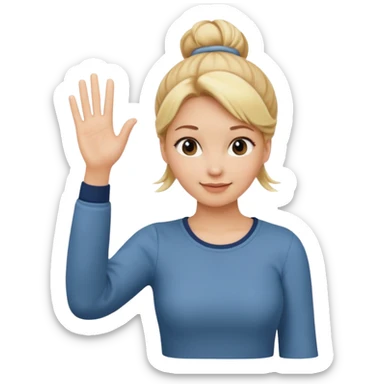 blonde woman with bun in casual clothes waving sticker