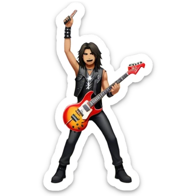 Icon for Heavy Metal: a metal band on stage, with electric guitars, drums, and a powerful vocalist. The atmosphere is intense with flashing lights, music notes, and a crowd of fans. The design should capture the energy and power of a live heavy metal performance. Transparent background. sticker