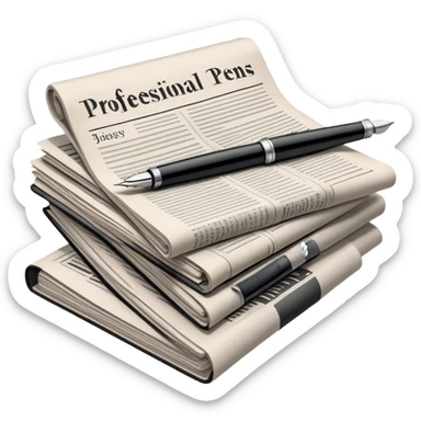 Create an emoji representing journalism and publicistic writing. The design should feature a stack of newspapers, an open notebook with visible text, and a single fountain pen placed near the notebook, symbolizing the act of writing. Use neutral, professional colors like black, white, and muted tones to convey a sense of seriousness and intellect. Do not include any emojis or smiley faces. Make the background transparent. sticker