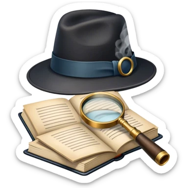 Icon for Detective Reading: an open book with a magnifying glass, a detective’s hat, and a notebook with clues, surrounded by dark shadows and mysterious elements like footprints and a smoking pipe. Transparent background. sticker