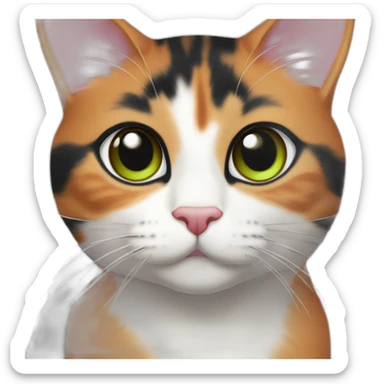 young striped calico cat face with a pink nose, white chin, green eyes, and orange/brown markings, orange tip on one ear sticker