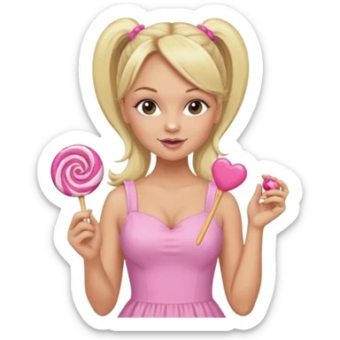 Emma Bunton with long blonde ponytails wearing light pink body dress holding a lollipop sticker