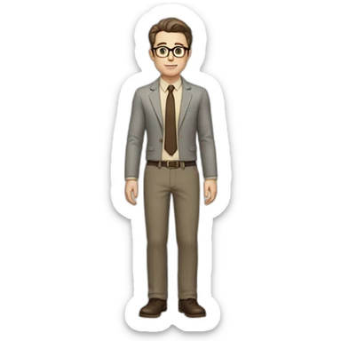 Full height Gesticulating Pale skinned fit man with dark brown hair in gray jacket, beige office shirt, brown tie, brown pants and vintage glasses. sticker