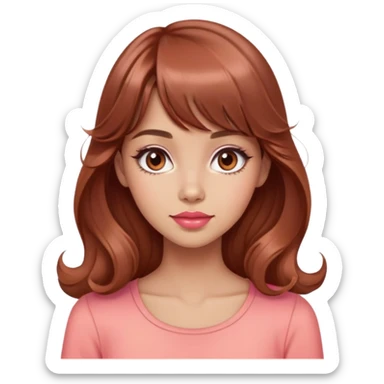 cute woman, light tan skin, big brown eyes, long waist length wavy auburn hair, bangs, pink top, coral lipstick sticker