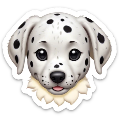 Cinematic Cute Spotted Dalmatian Portrait Emoji, Head tilted playfully and inquisitively, featuring a glossy Fur of predominantly white with dynamic black patches, round, sparkling eyes filled with gentle curiosity, Simplified yet irresistibly adorable features, highly detailed, glowing with a warm, friendly glow, high shine, affectionate and gentle, stylized with a touch of whimsy, bright and endearing, soft glowing outline, capturing the essence of a mischievous yet loving pup, so playful it feels like it could lumber out of the screen and into your arms! sticker