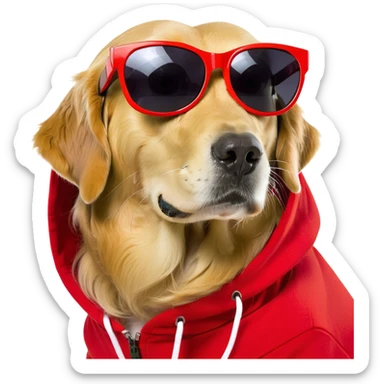 Golden retriever wearing a red hoodie and sunglasses sticker