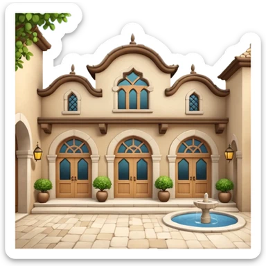 3D Apple-style emoji of a full traditional Turkish han. Rounded stone building with arched wooden doors and windows, small courtyard, fountain, arches, and hanging lanterns. Glossy, smooth, soft shadows, clean white background.






 sticker